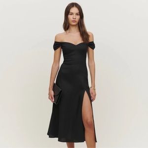 Reformation Black Bridgeton Dress Linen Off the Shoulder - 4